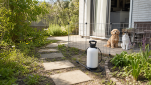 サンフーロンを使う庭で犬猫を散布範囲から離している様子