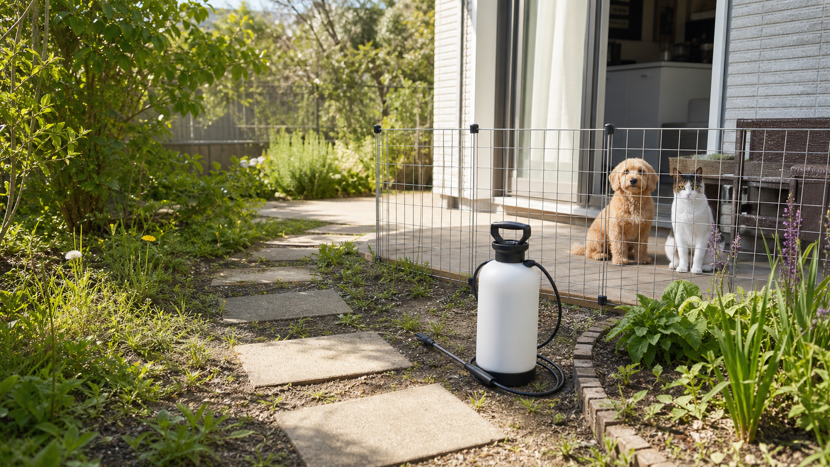 サンフーロンを使う庭で犬猫を散布範囲から離している様子