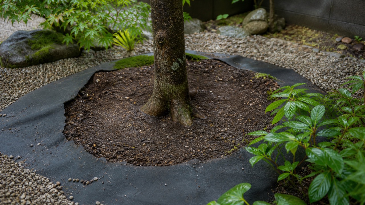 雨上がりに植木の根元の水はけと防草シートの隙間を確認する庭