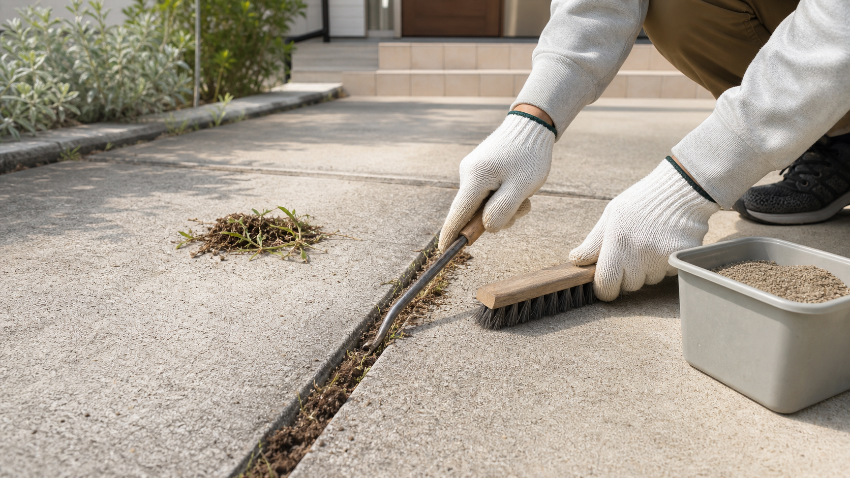 コンクリート隙間の雑草を道具で取り除く作業