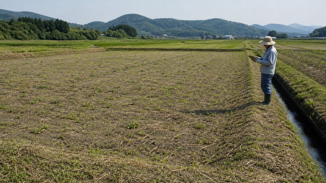 雑草が低いうちに休耕畑の外周と排水を点検する管理者