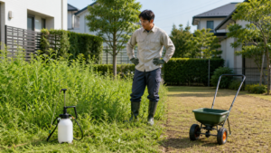 液体除草剤用の噴霧器と粒剤用散布機を前に草刈りの順番を考える作業者