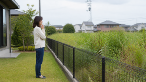 隣の雑草だらけの空き地を自宅側から確認する人