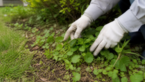 庭に生える丸い葉の雑草を手袋で見分ける様子