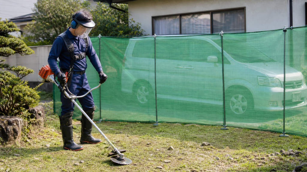 草刈機の飛び石対策として防護ネットで車と窓を守る作業前の様子