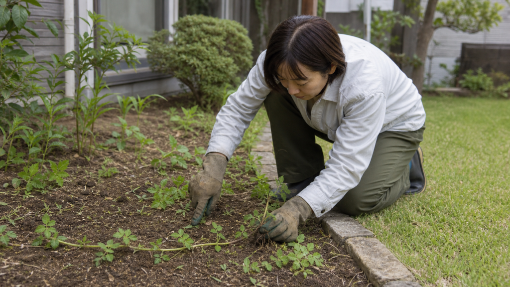 庭で横に伸びる雑草の茎と節を確認する様子