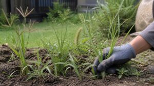 庭に生える細い葉の雑草を見分ける様子