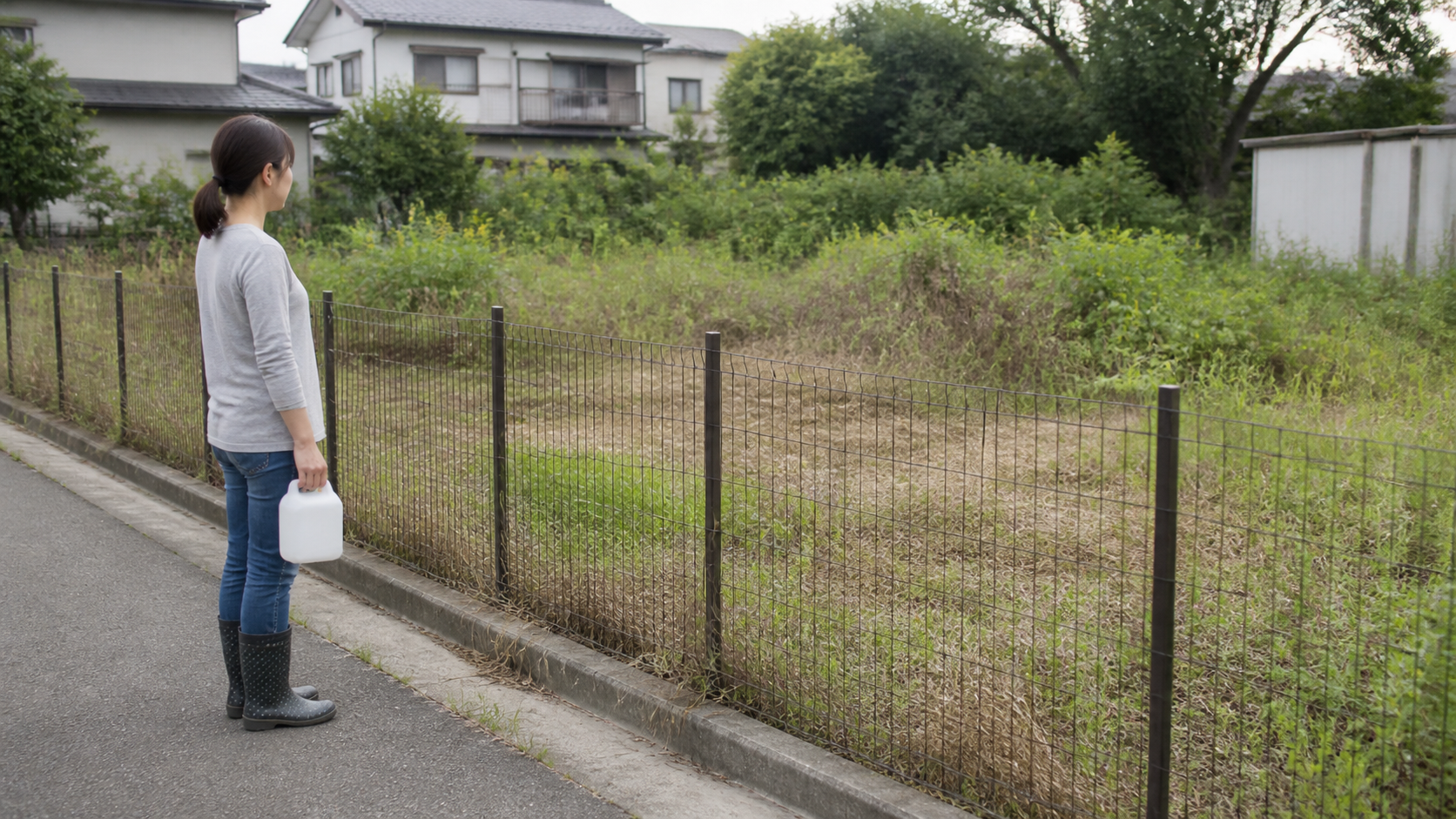 空き地との境界で除草剤をまかずに立ち止まる人