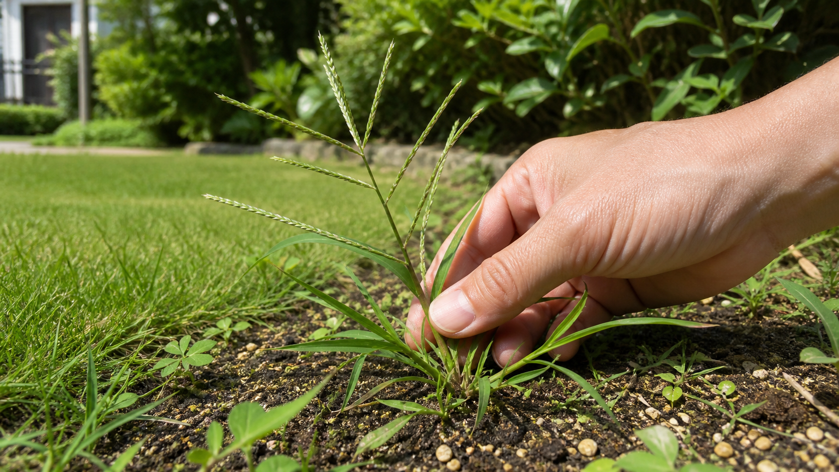 庭でヒメシバと呼ばれるイネ科雑草を見分ける様子