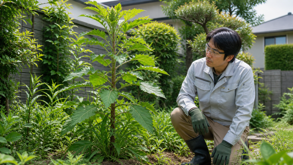 庭で大きな葉と太い茎の雑草を確認する作業者