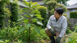 庭で大きな葉と太い茎の雑草を確認する作業者