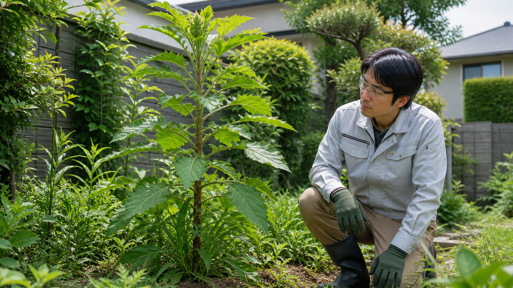 庭で大きな葉と太い茎の雑草を確認する作業者