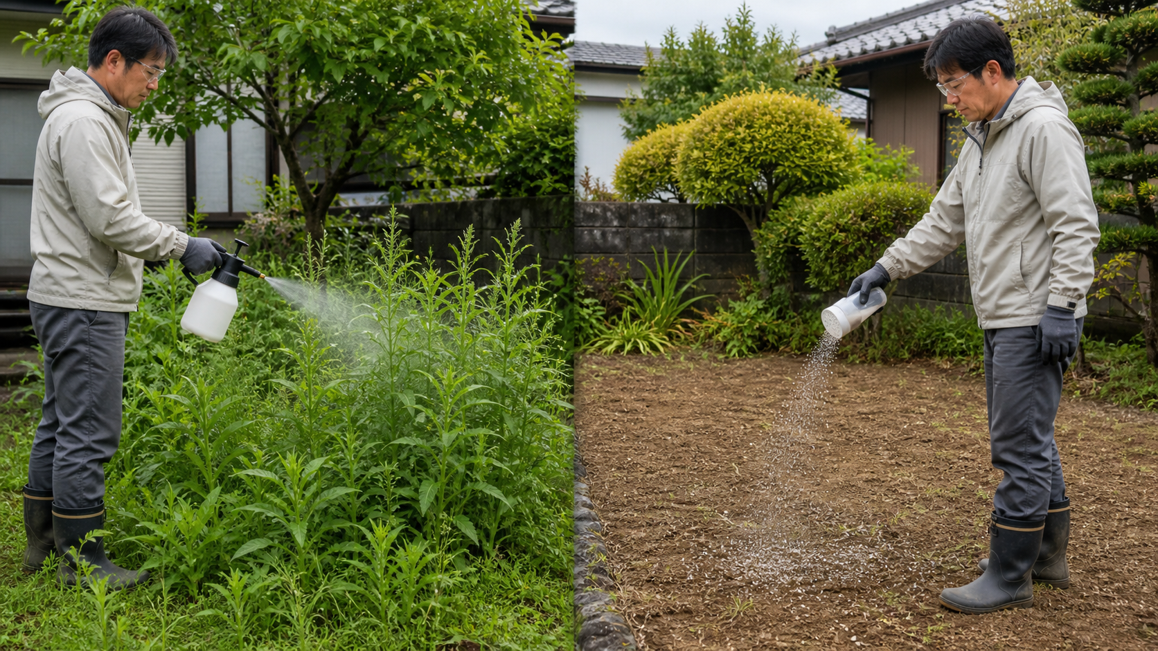 葉のある雑草へ液体除草剤を散布する場面と草刈り後の地面へ粒剤を撒く場面