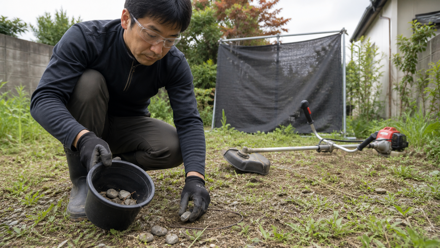 草刈機の飛び石を防ぐため庭の小石と針金を作業前に拾う様子