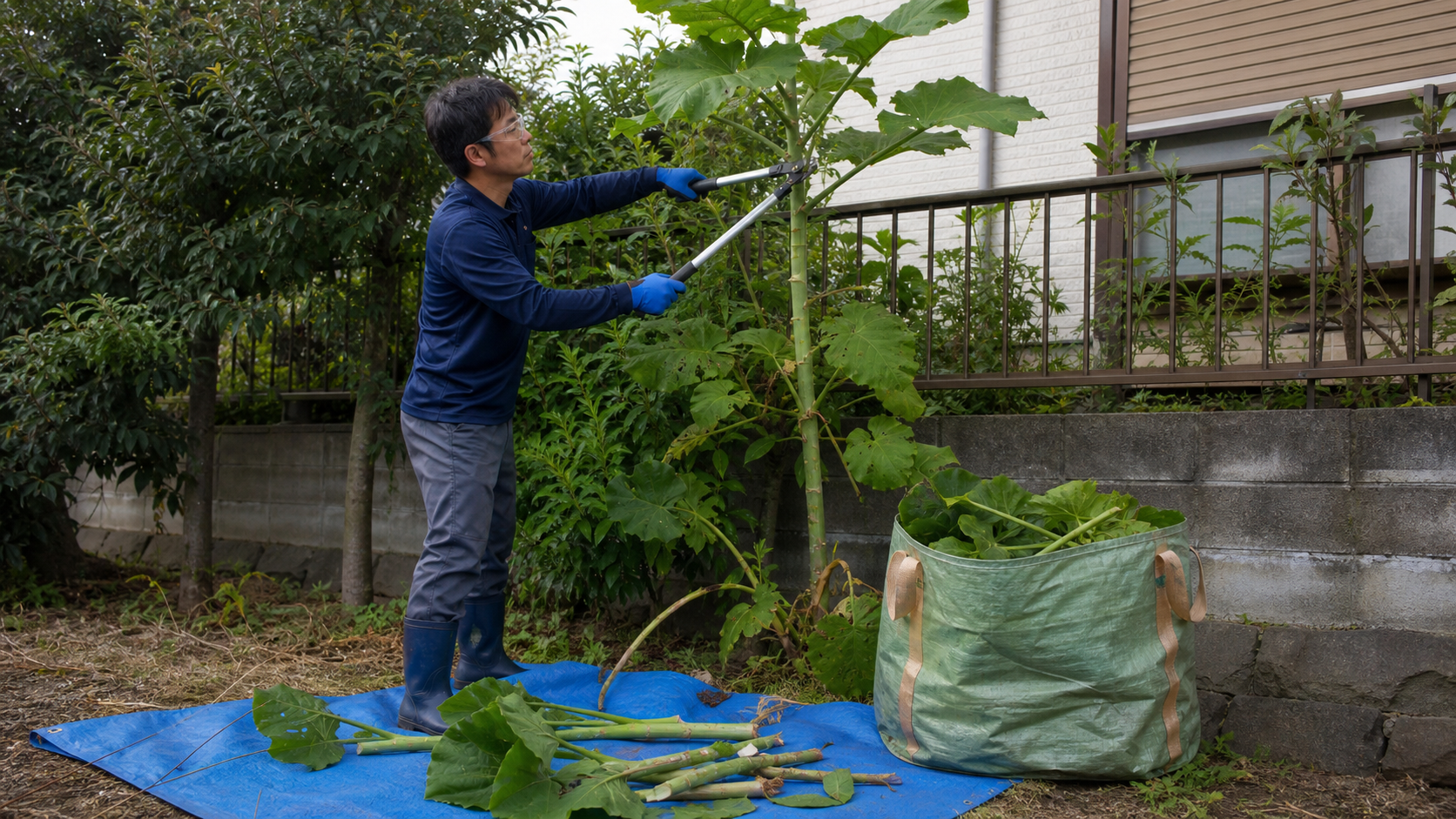 保護具を着けて大型雑草を上から小分けに処理する様子