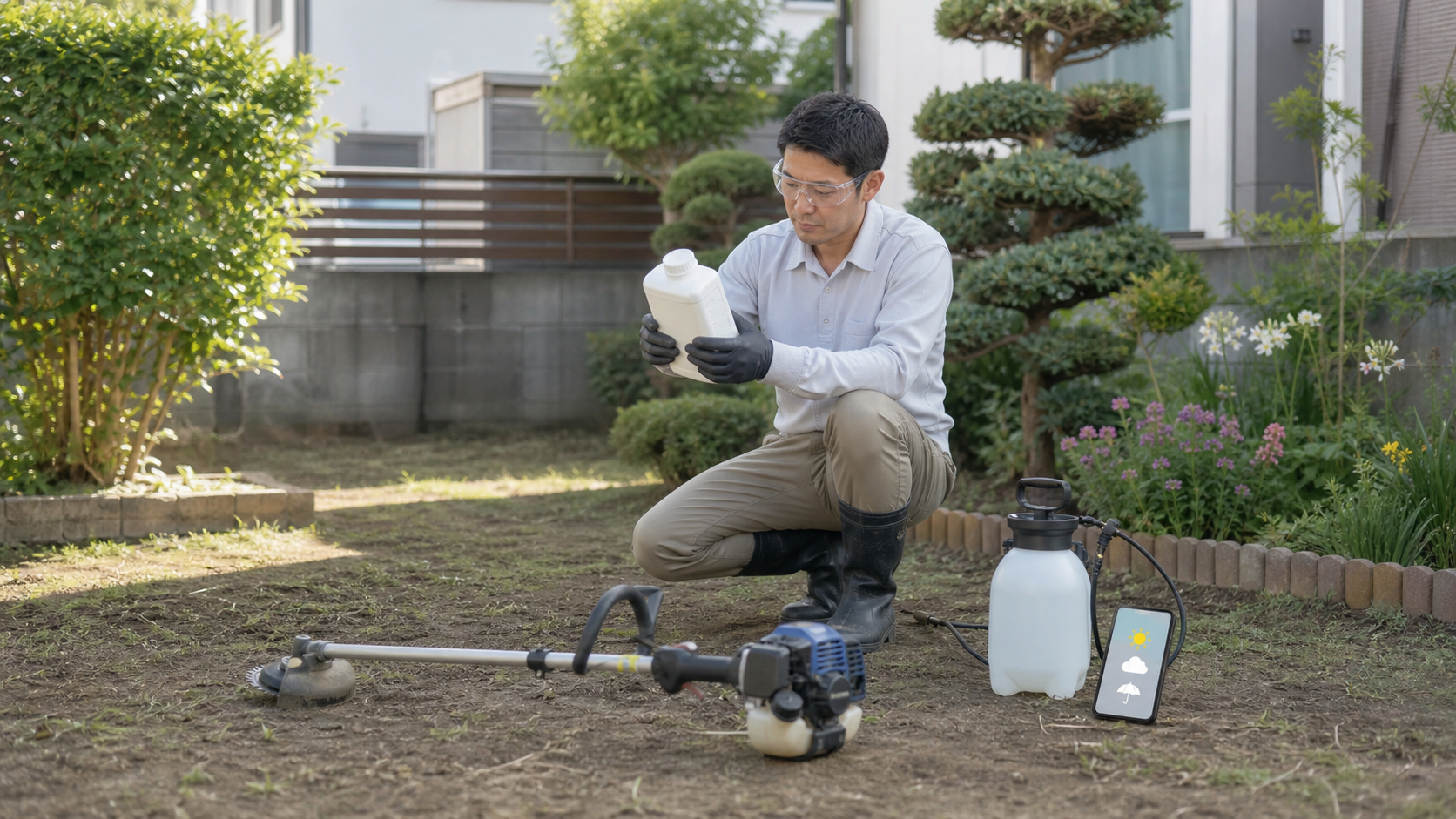 除草剤のラベルと天候を確認してから草刈り作業を始める作業者