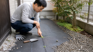 防草シートから生えた雑草を確認する様子