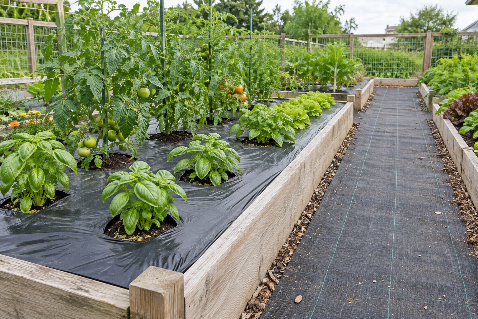 作物の畝を黒マルチで覆い、歩く通路には別のシートを敷いた家庭菜園