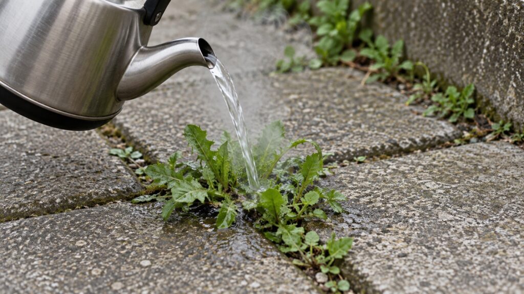 舗装の目地の雑草へケトルからお湯を注ぐイメージ