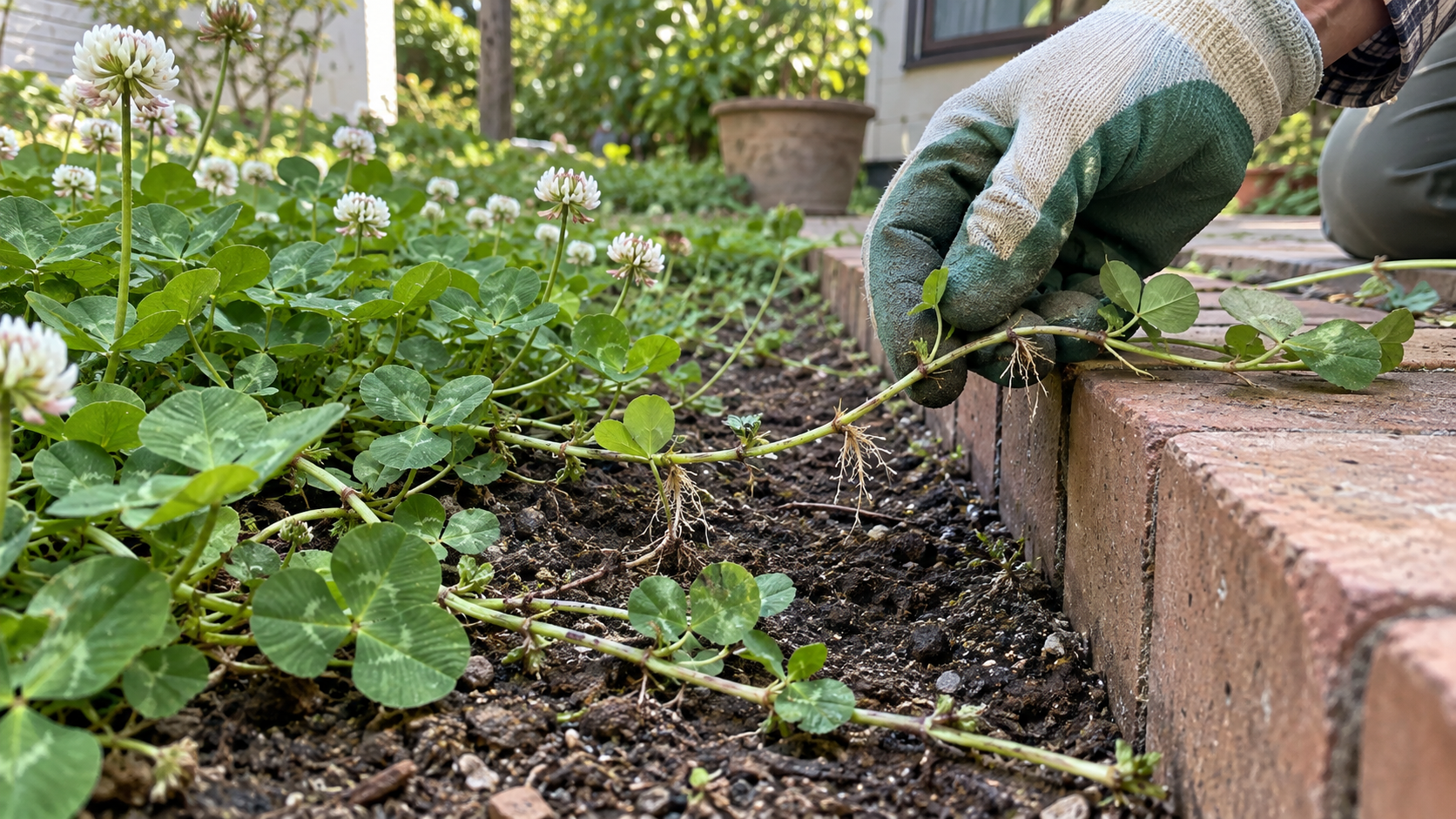 花壇の縁を越えるシロツメクサのほふく茎と節の根