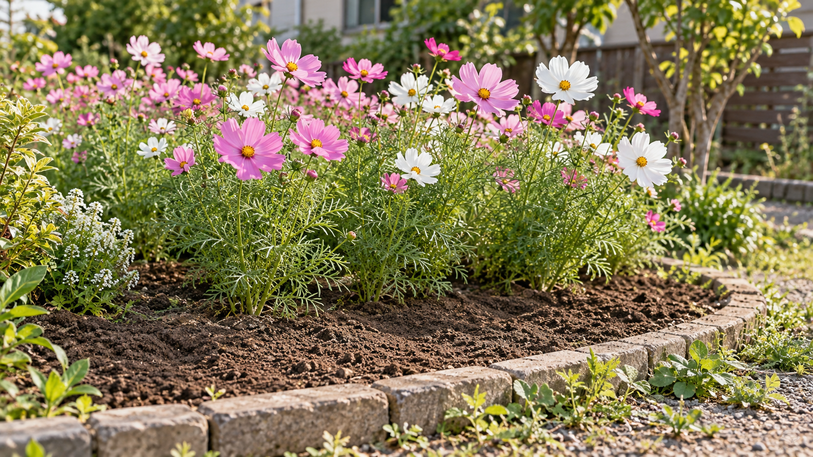 コスモスの花壇と周囲の雑草