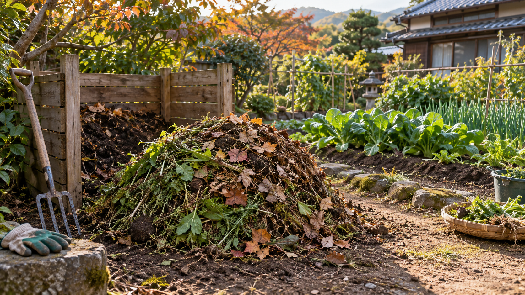 雑草と落ち葉を積み重ねた家庭菜園の堆肥枠