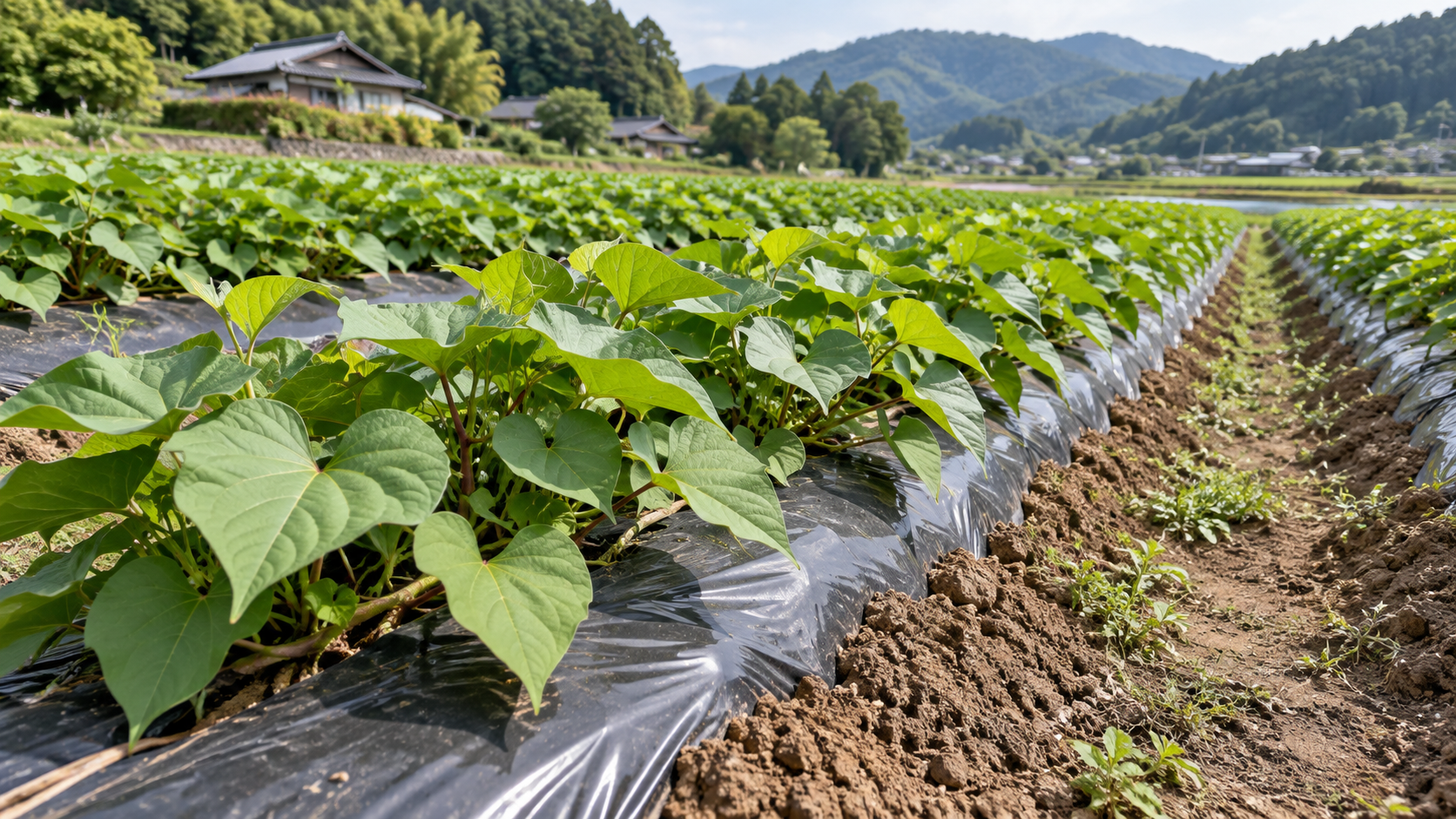 さつまいも畑のマルチ栽培と雑草