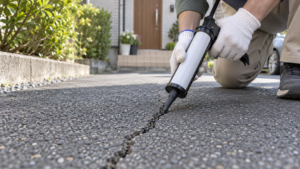 アスファルトの隙間に生える雑草と草取り道具
