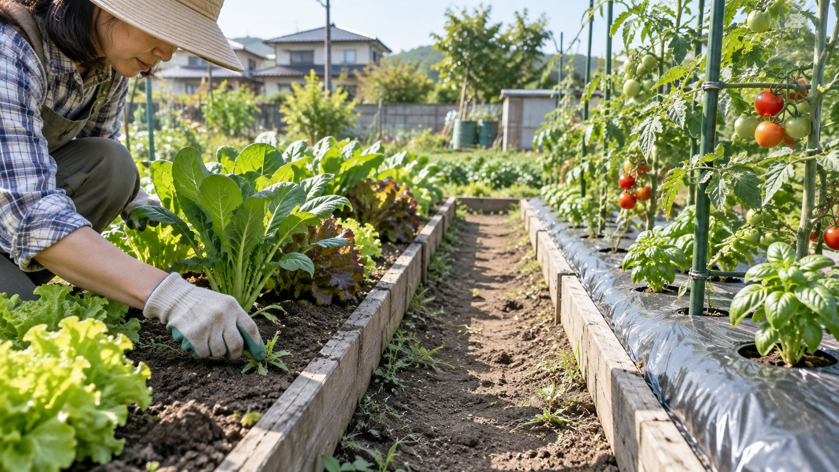 野菜の畝で作物を避けながら雑草を手で取る家庭菜園