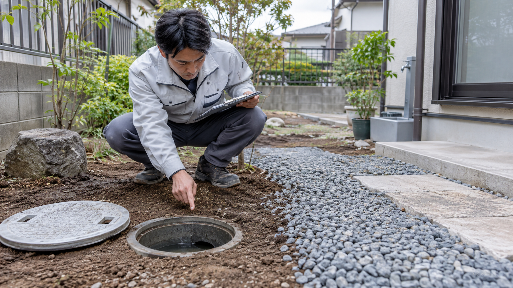 庭の排水ますと周辺地盤の高さを確認する施工担当者