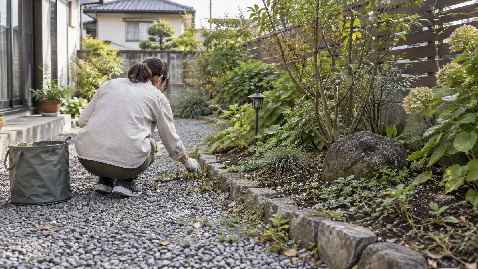 砂利と植栽の境目を点検し落ち葉や雑草を手入れする人