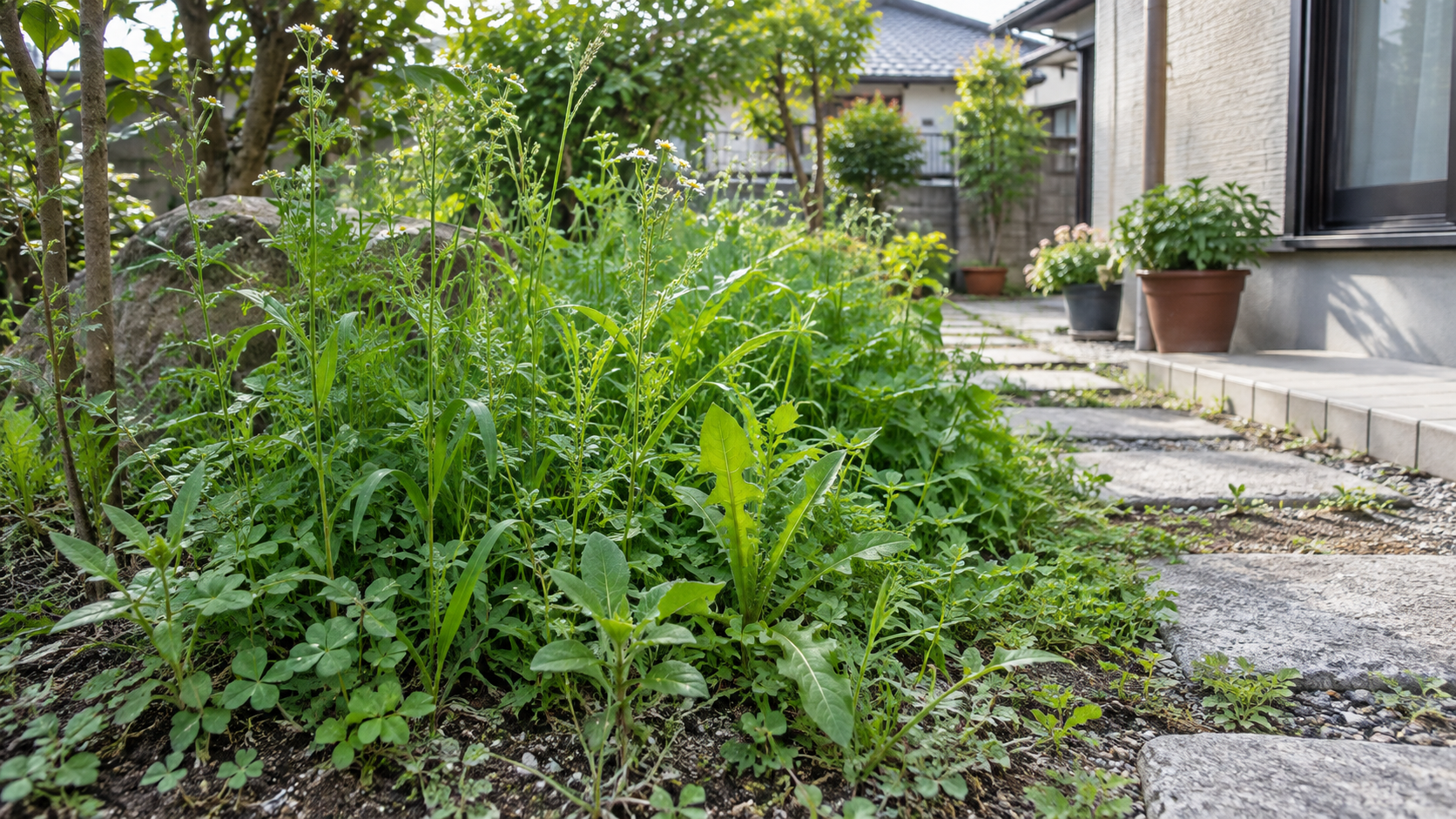 生育中の雑草が広がり始めた住宅の庭