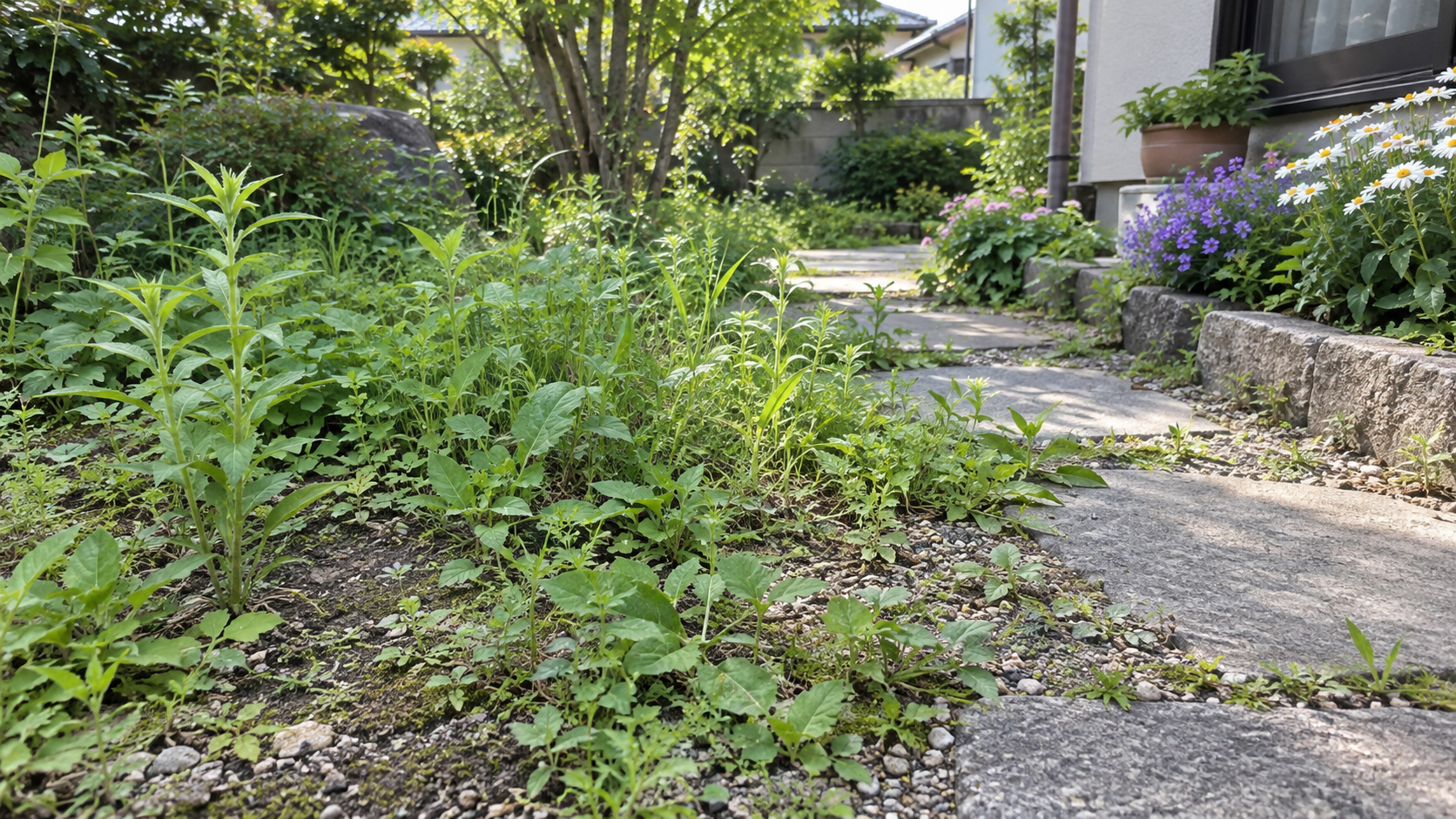 庭の通路脇に生育中の雑草が広がる様子