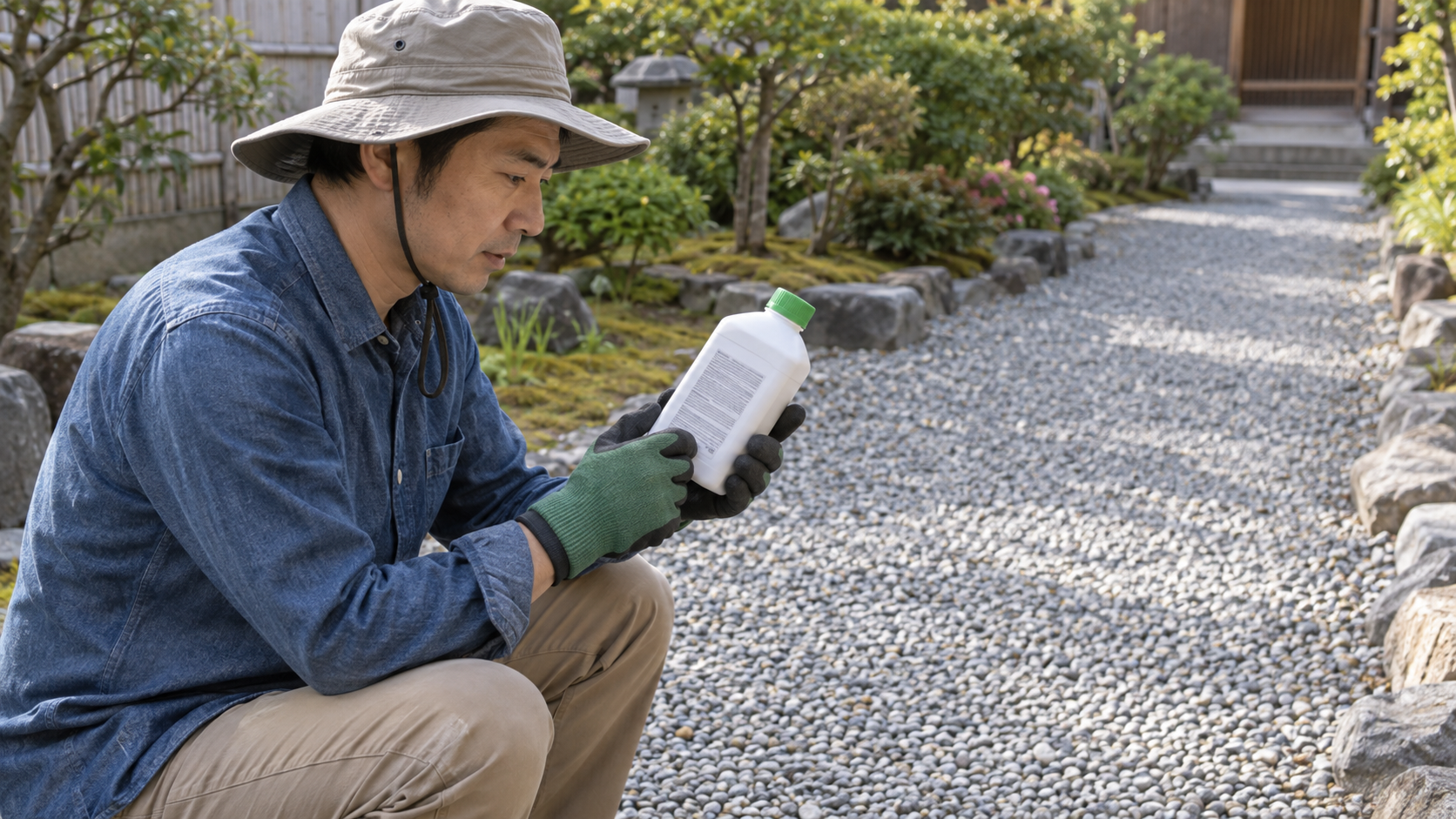 除草剤の容器表示を読む庭の管理者のイメージ