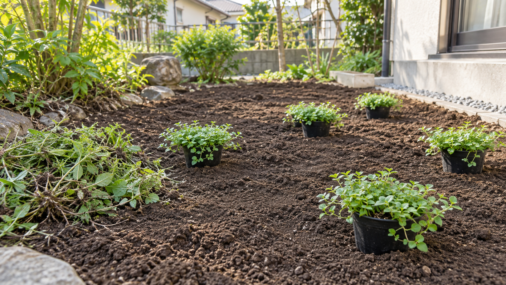雑草を除いて整地した土と植え付け前の苗のイメージ