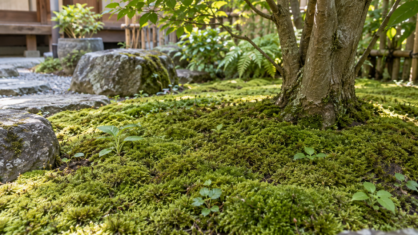 苔庭に点在する小さな雑草と苔の緑
