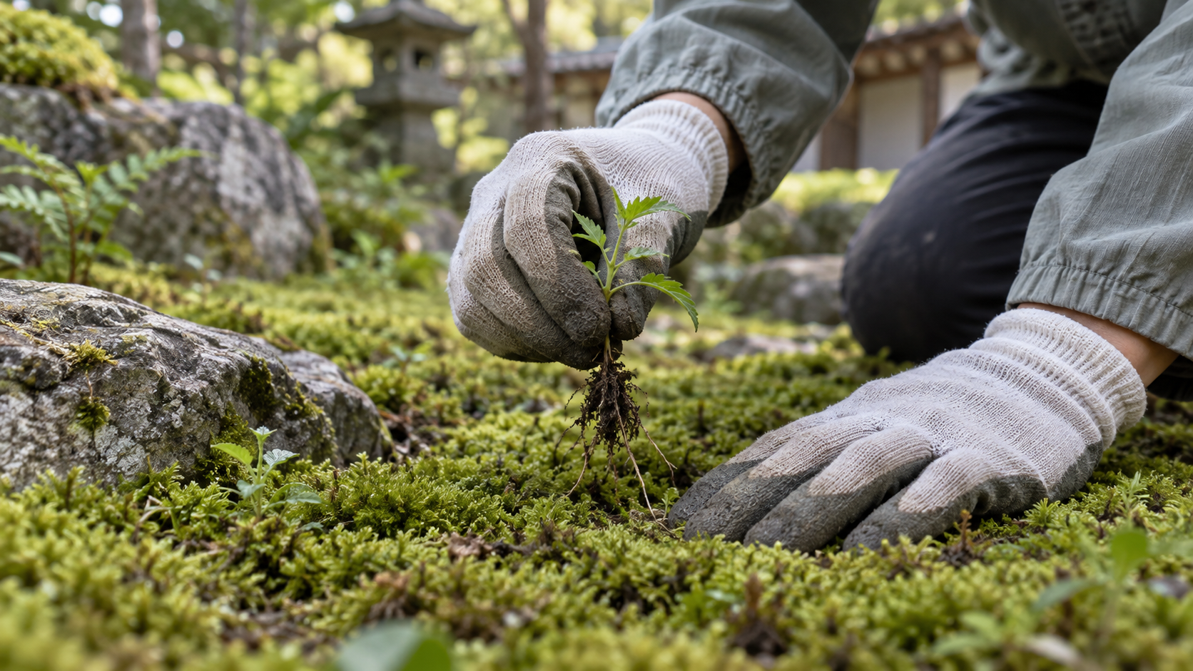 苔を片手で支えながら小さな雑草を根元から抜く様子
