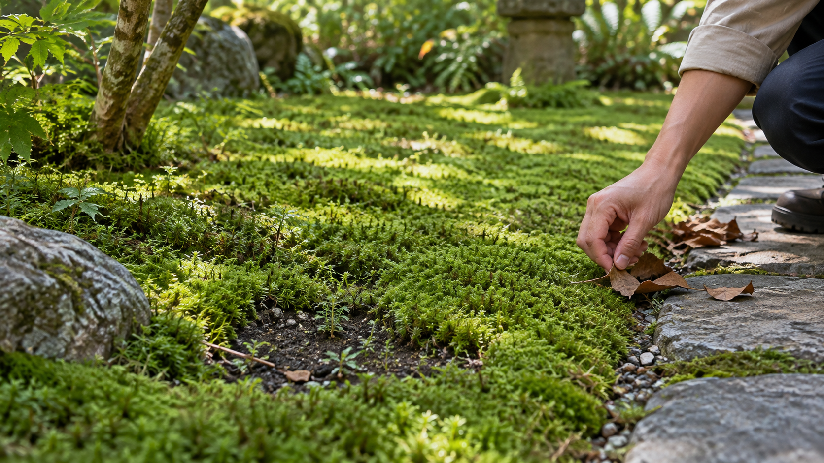 苔庭の園路際で落ち葉と露出した土を点検する様子