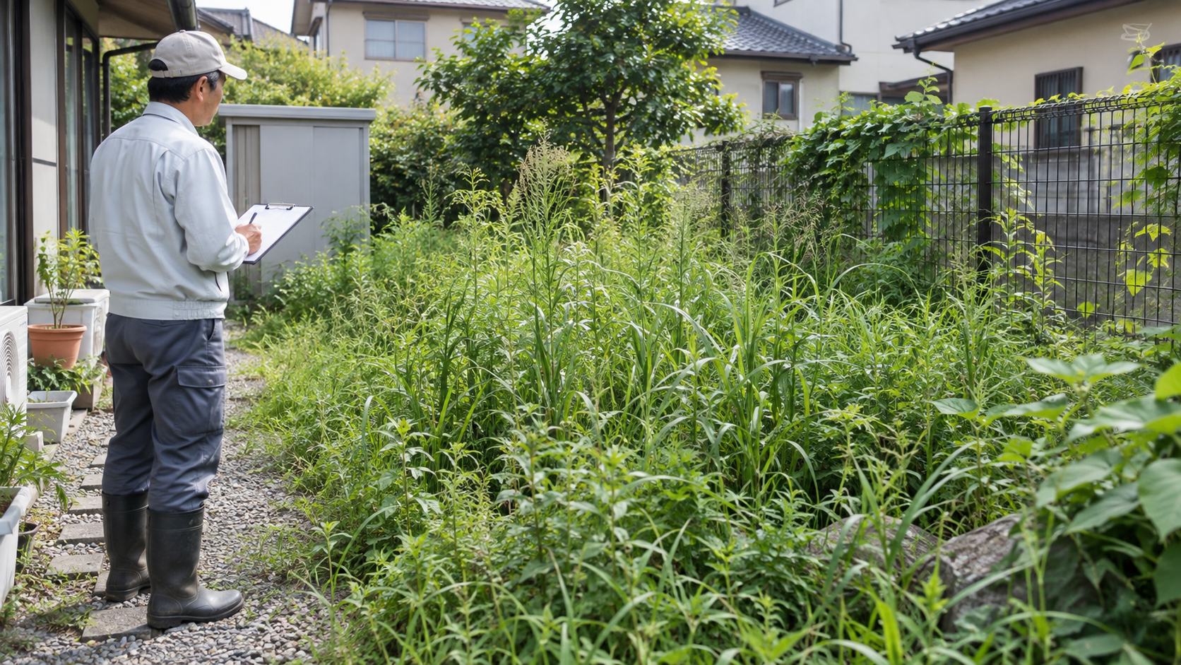 広く伸びた雑草の庭を通路から確認する様子