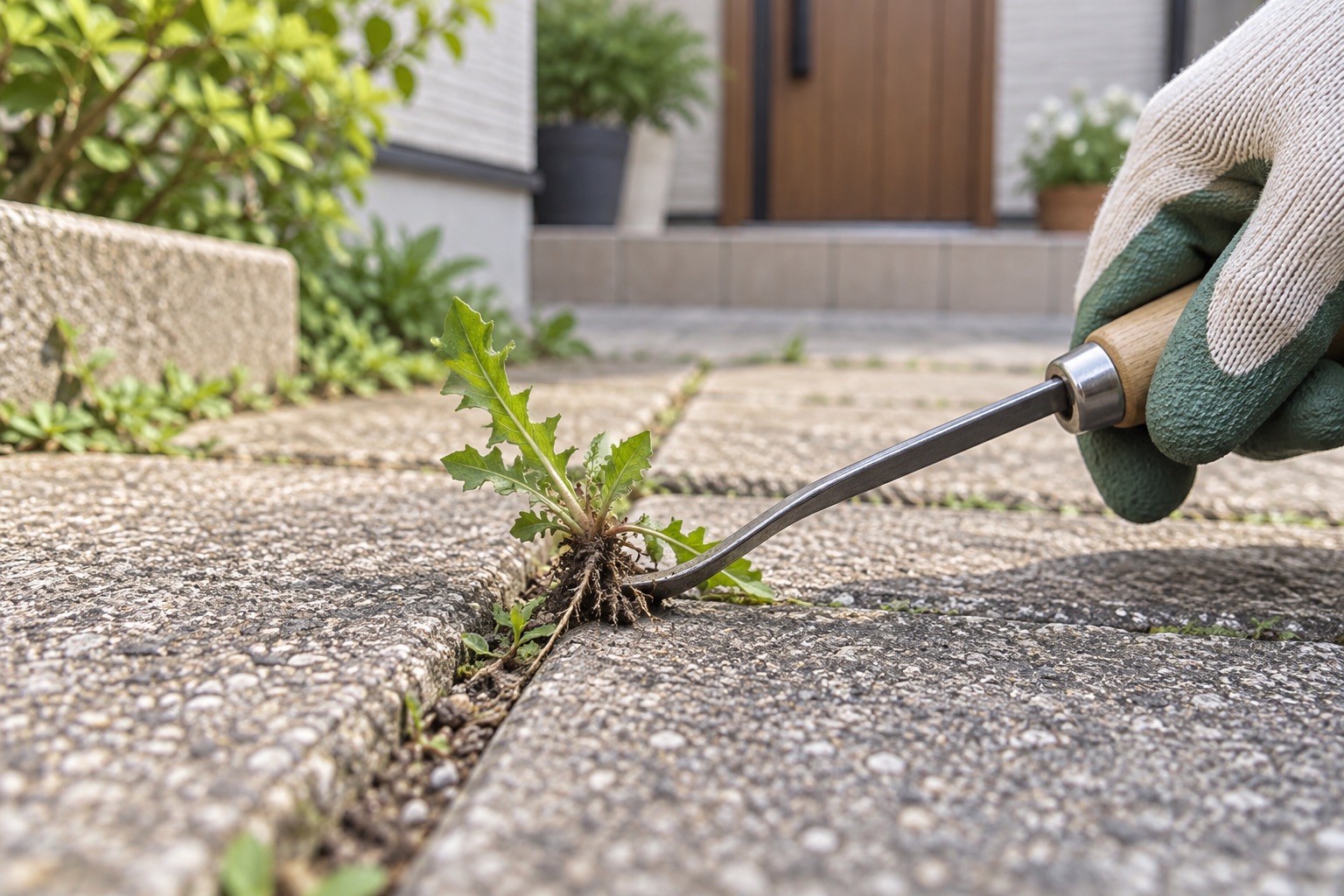 舗装の目地に生えた雑草を細い草取り道具で抜いているイメージ