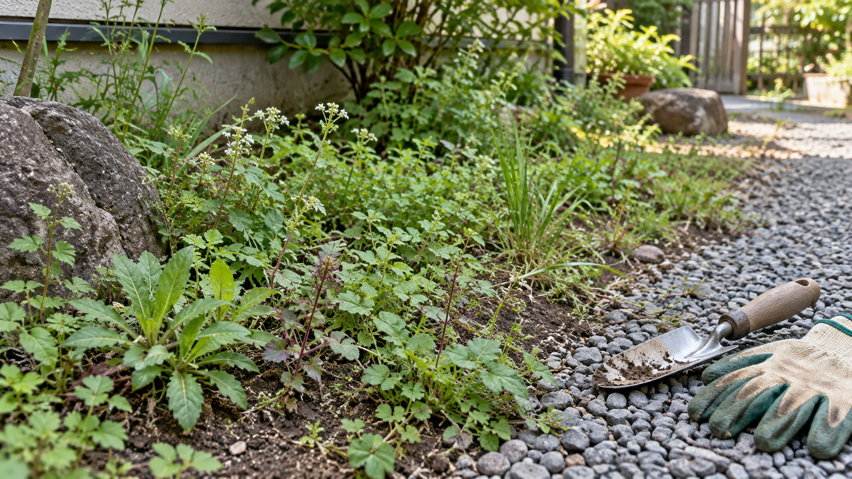 庭の小道と複数の雑草、草取り道具