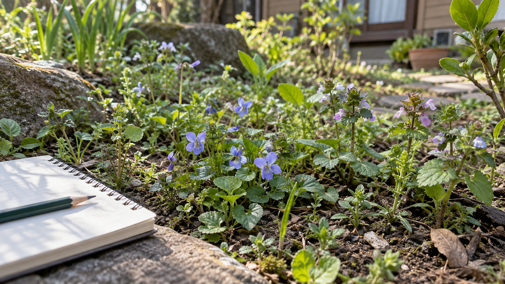 庭に咲く小さな紫色の花を観察する風景