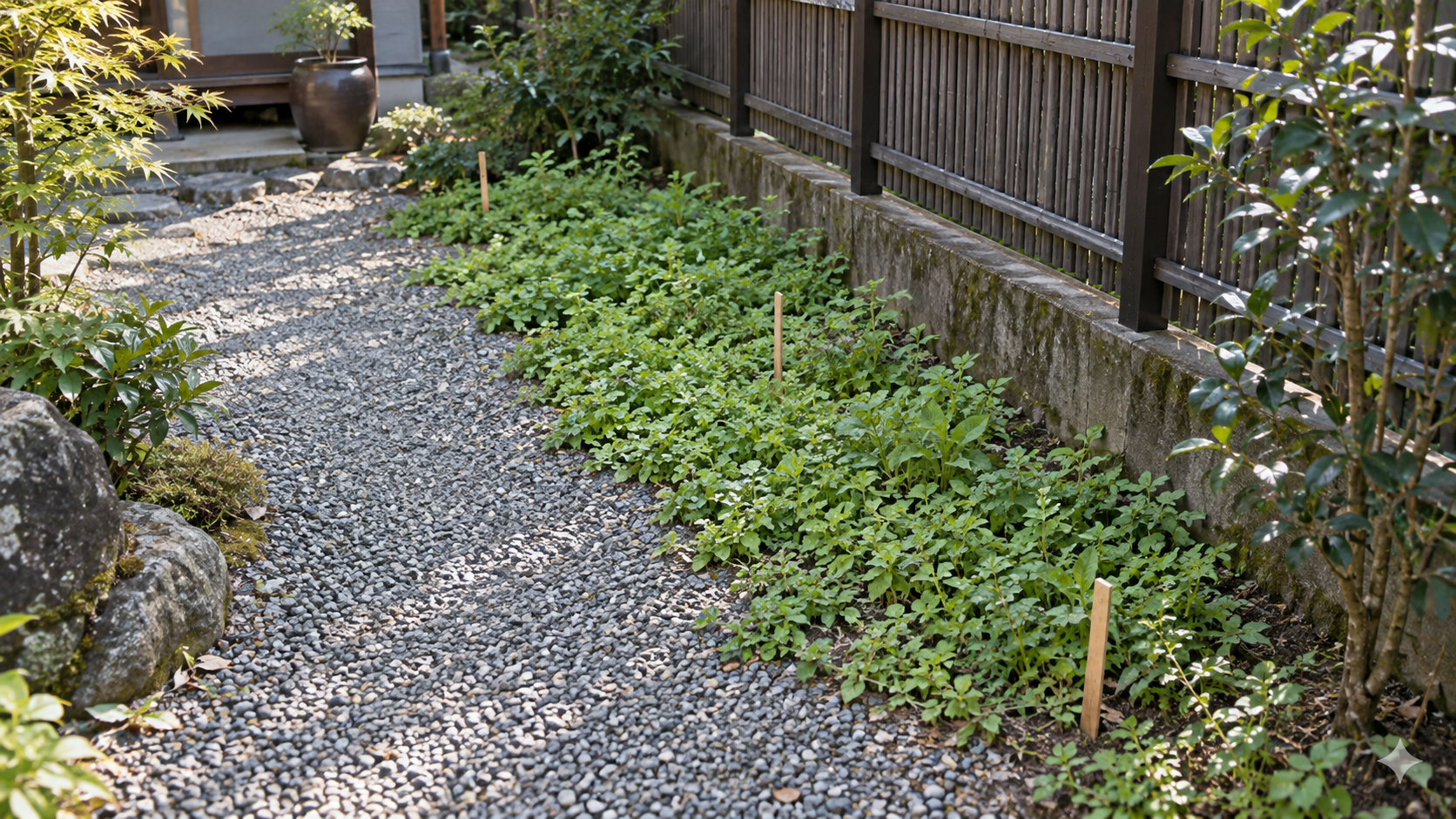 雑草が再生する範囲を庭で確かめるイメージ