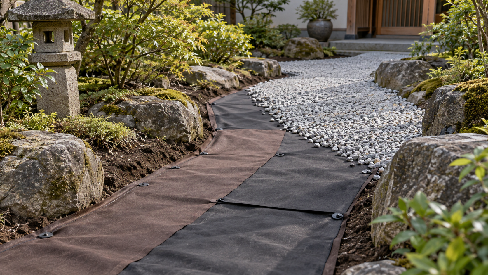 防草シートの重なりと端部を施工するイメージ