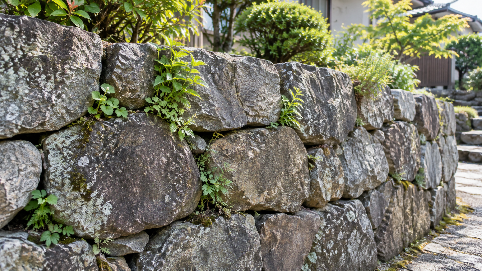 石垣の隙間から雑草が生える住宅の石積み