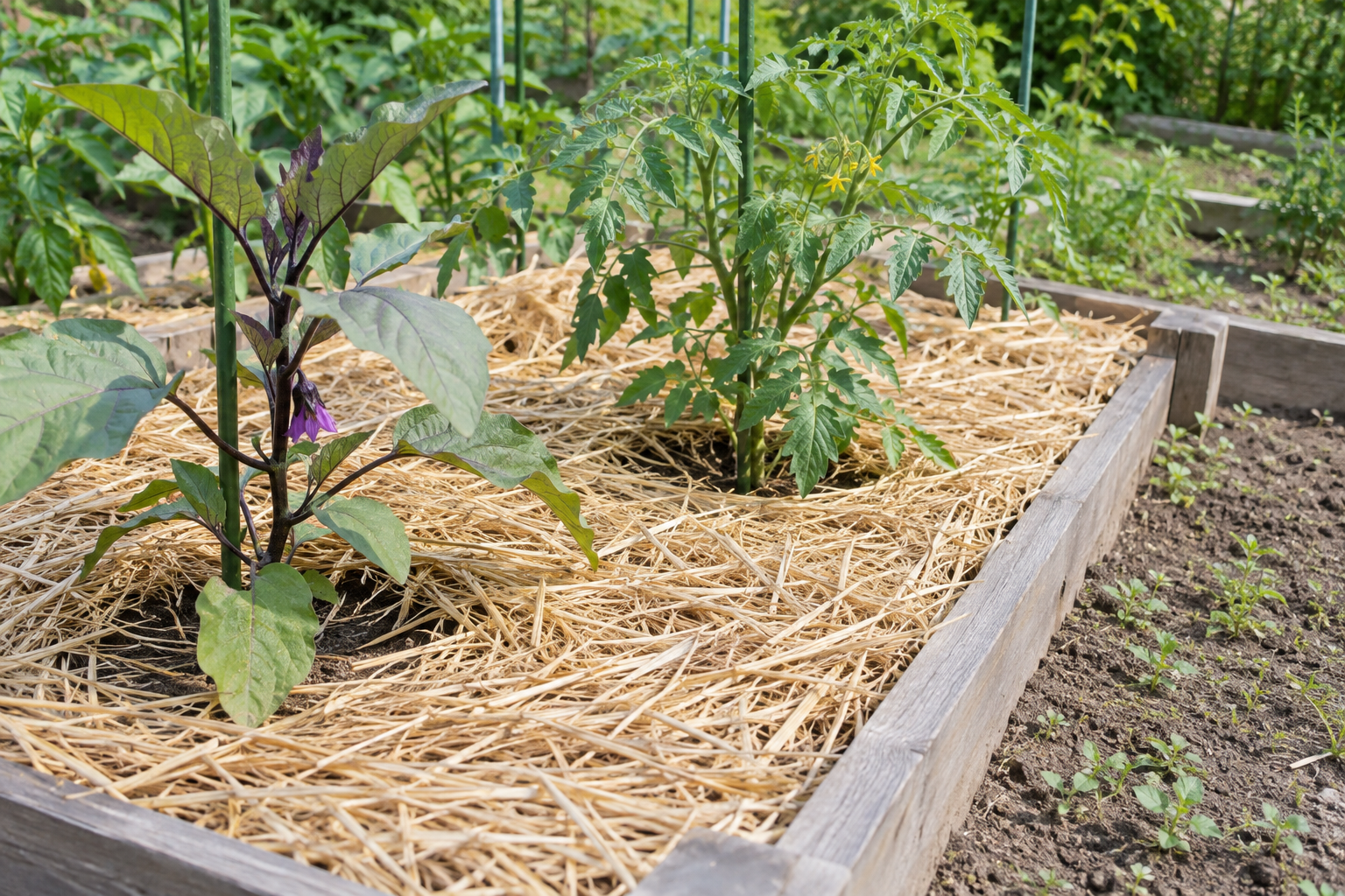 野菜の株元を空け、畝の土をわらで覆った家庭菜園