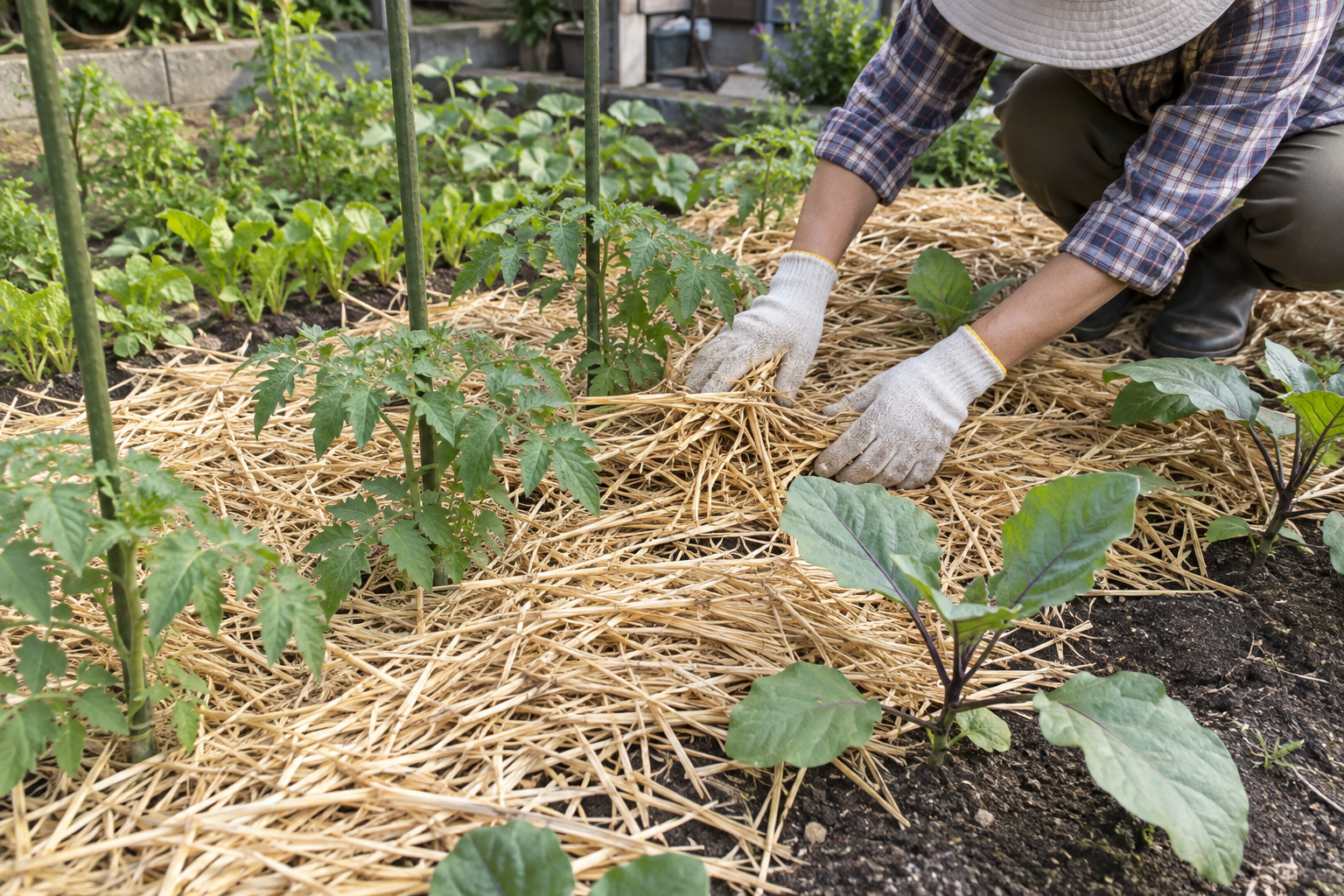 野菜の茎を避けながら、手でわらを畝に広げる様子