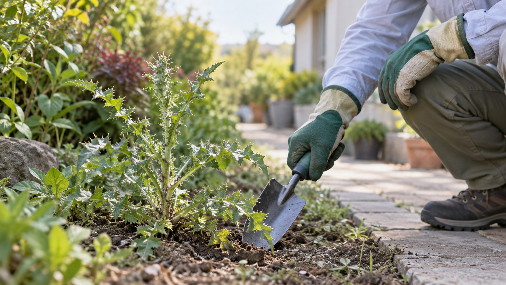 トゲのある雑草を安全に観察し草取りするイメージ