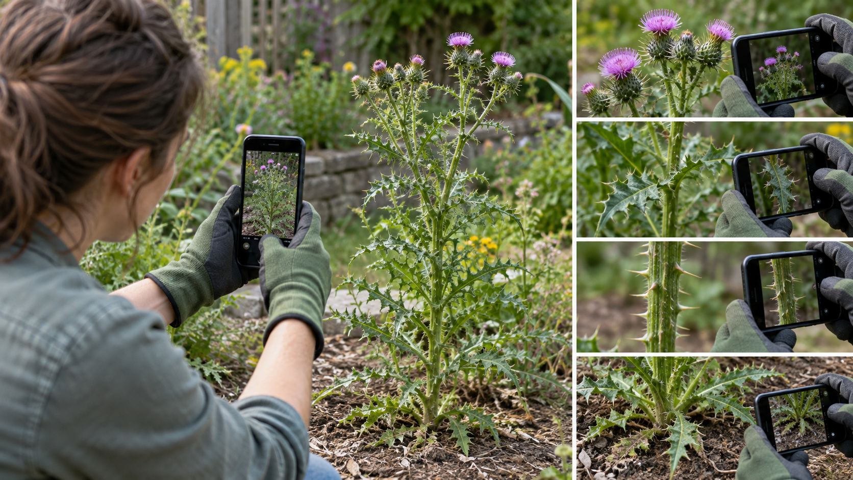 トゲのある植物の全体と茎葉を写真に記録するイメージ