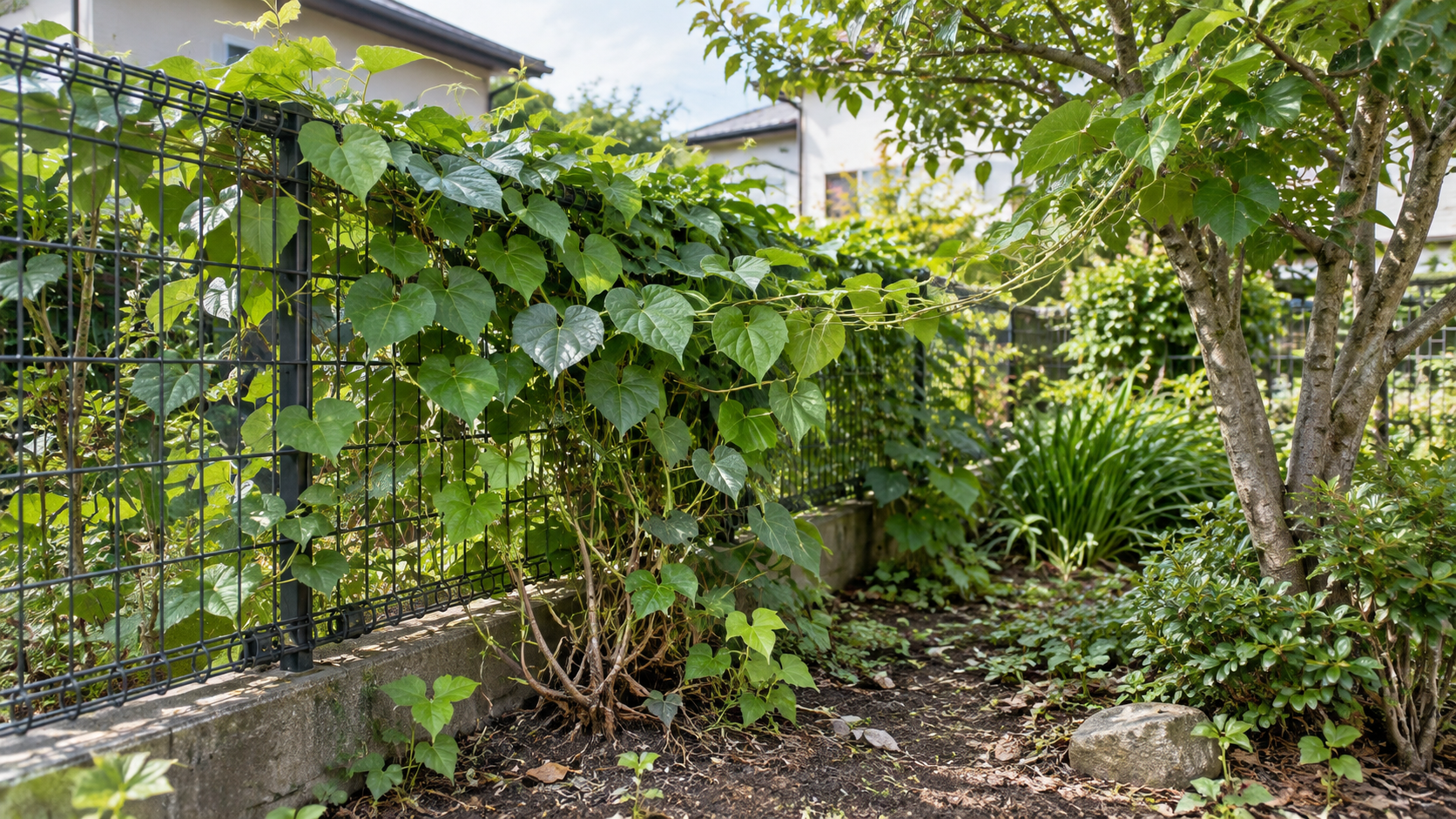 フェンスに絡むつる性雑草と庭木のある庭のイメージ